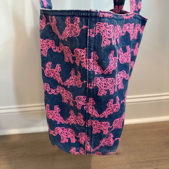 Lilly Pulitzer Elephant Printed Denim Tote Bag Navy Blue/Pink Distressed Carryal - Picture 10 of 12